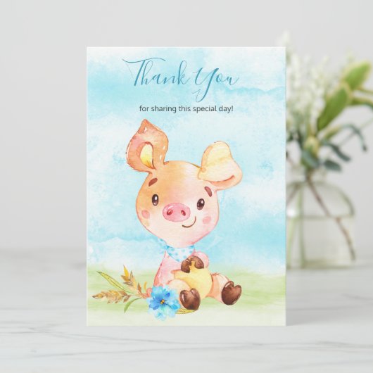 Waterverf Boy Piggy Boerderij Dank u Bedankkaart (Staand voorkant)