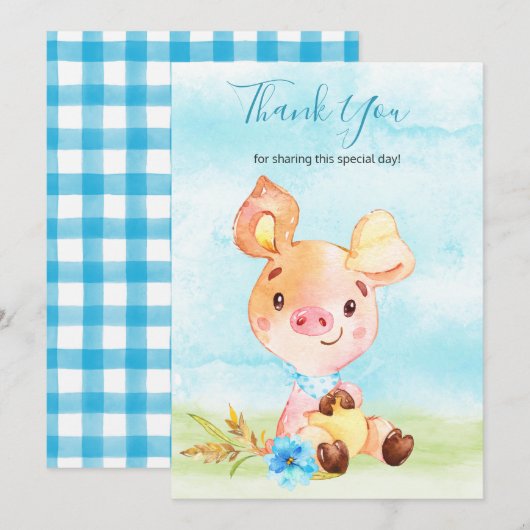 Waterverf Boy Piggy Boerderij Dank u Bedankkaart (Voorkant / Achterkant)