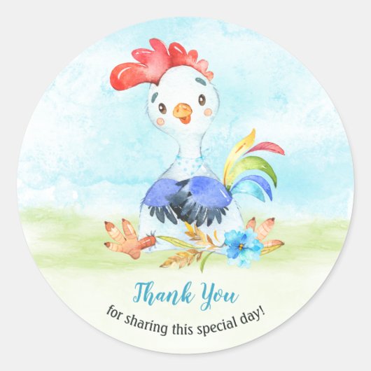 Waterverf Boy Rooster Boerderij Dank u Ronde Sticker (Voorkant)
