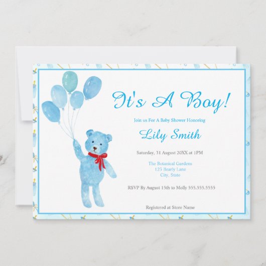 Waterverf Boy Teddy Bear Balloons Baby shower Kaart (Voorkant)