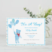 Waterverf Boy Teddy Bear Balloons Baby shower Kaart (Staand voorkant)