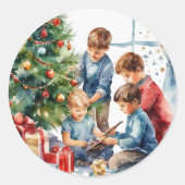 Waterverf Boys Kerstochtend Nostalgische Scene Ronde Sticker (Voorkant)