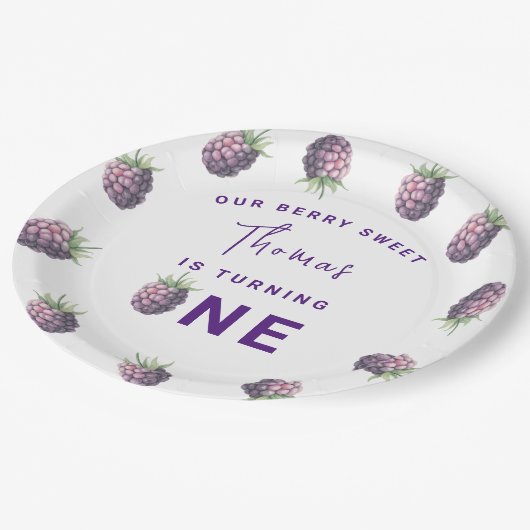 Waterverf bramen 1e verjaardagsfeestje papieren bordje (Gekanteld)