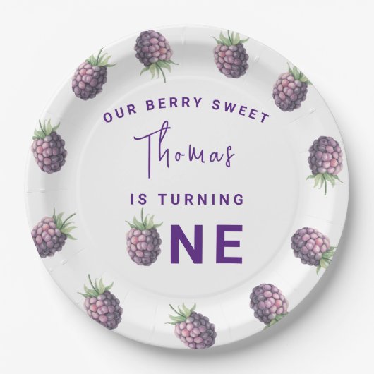 Waterverf bramen 1e verjaardagsfeestje papieren bordje (Voorkant)