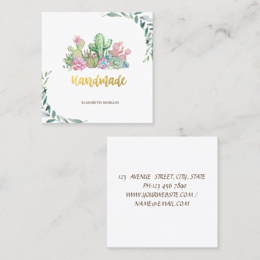 Waterverf Branch, Floral Cactus Handmade Vierkante Visitekaartje (Voorkant / Achterkant)