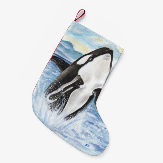 Waterverf Breikende Orca Whale Kleine Kerstsok (Voorkant (Hangend))