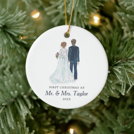 Waterverf Bride & Groom gepersonaliseerde de heer Keramisch Ornament (Boom)