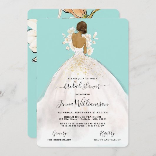Waterverf Bride in Gown Bridal Shower Invitation Kaart (Voorkant / Achterkant)