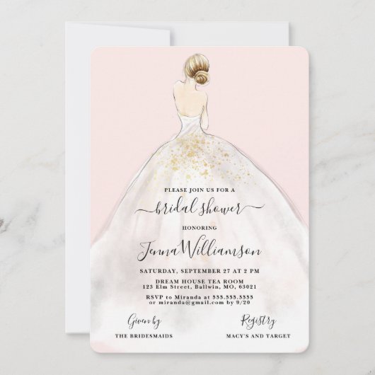 Waterverf Bride in Gown Bridal Shower Invitation Kaart (Voorkant)