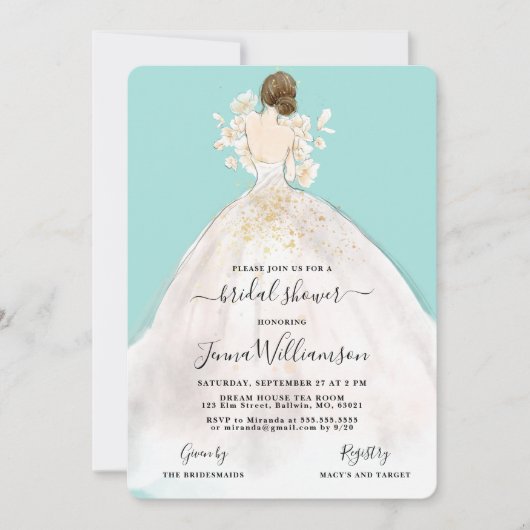Waterverf Bride in Gown Bridal Shower Invitation Kaart (Voorkant)