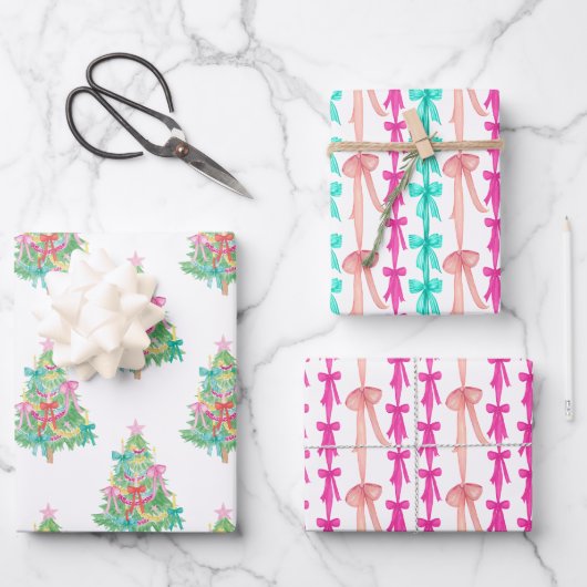 Waterverf Bright Coquette Bows Kerstboom Inpakpapier Vel (Voorkant)