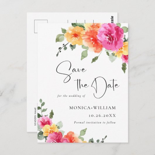 Waterverf Bright Flowers Bruiloft Save the Date Briefkaart (Voorkant / Achterkant)