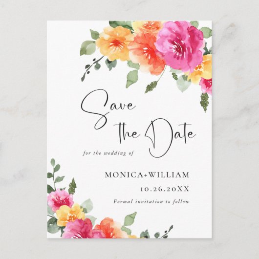 Waterverf Bright Flowers Bruiloft Save the Date Briefkaart (Voorkant)