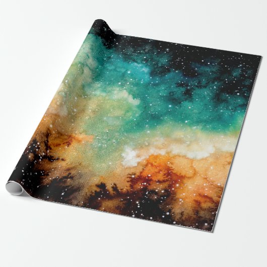 Waterverf Bright Gele nebula, sterren en donkere s Cadeaupapier (Uitgerold)
