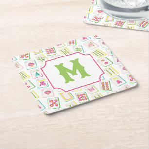 Waterverf Bright Mahjong Tegels Monogram Kartonnen Onderzetters