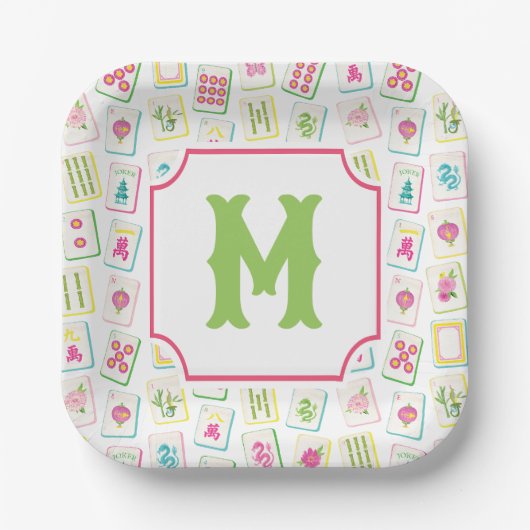 Waterverf Bright Mahjong Tegels Monogram Papieren Bordje (Voorkant)