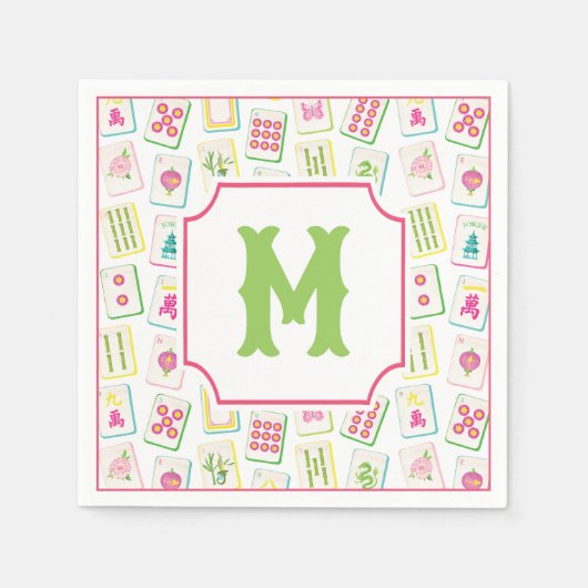 Waterverf Bright Mahjong Tegels Monogram Servet (Voorkant)