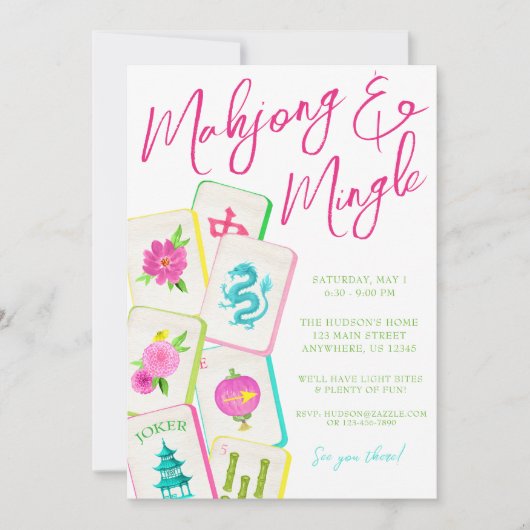 Waterverf Bright Mahjong Tegels Party Kaart (Voorkant)