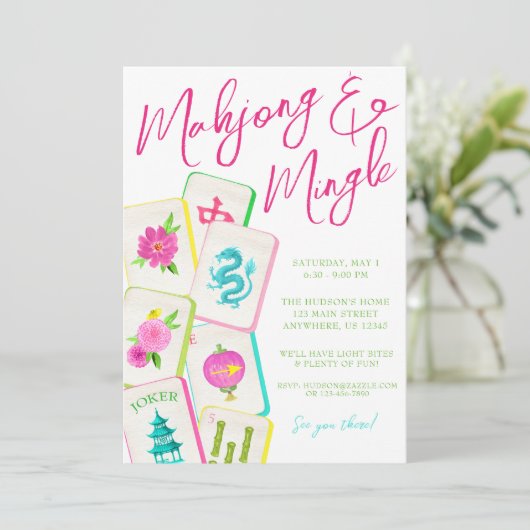 Waterverf Bright Mahjong Tegels Party Kaart (Staand voorkant)