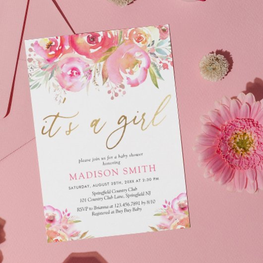 Waterverf Bright Pink Floral Baby Girl Shower Kaart