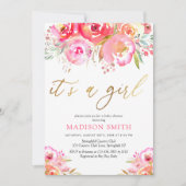 Waterverf Bright Pink Floral Baby Girl Shower Kaart (Voorkant)