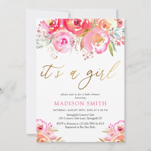 Waterverf Bright Pink Floral Baby Girl Shower Kaart (Voorkant)