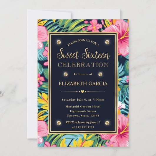 Waterverf Bright Tropical Preppy Flowers Sweet 16 Kaart (Voorkant)