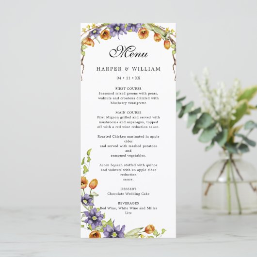 Waterverf bronbloemen menu (Staand voorkant)