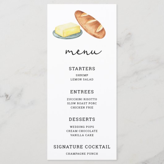 Waterverf brood en boter - Trouwmenu Menu (Voorkant)