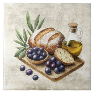 Waterverf Brood Olijven Toscane Neptextuur Tegeltje
