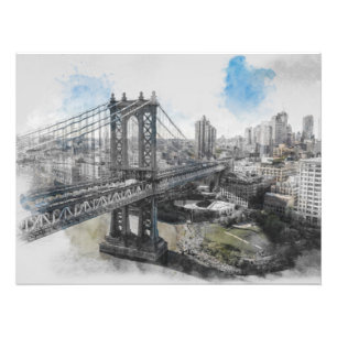 Waterverf Brooklyn Bridge Fotoprint – Elegant Foto Afdruk