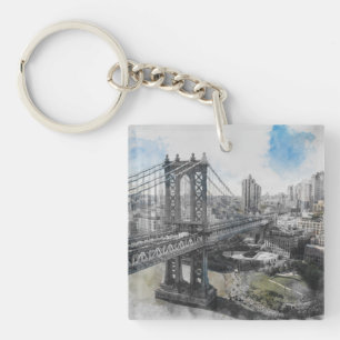Waterverf Brooklyn Bridge Sleutelhanger - NYC Reiz