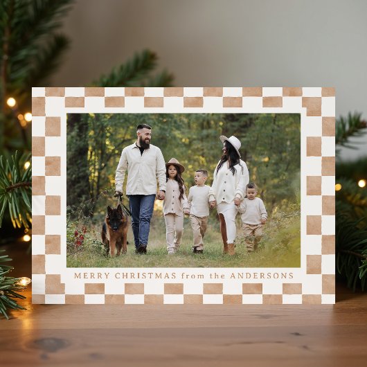 Waterverf Brown en Cream Gingham Kerstfoto Feestdagenkaart