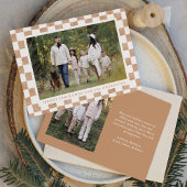 Waterverf Brown en Cream Gingham Kerstfoto Feestdagenkaart