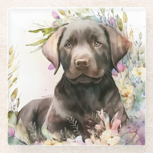 Waterverf Brown Labrador Retriever en Flowers Glazen Onderzetter (Voorkant)
