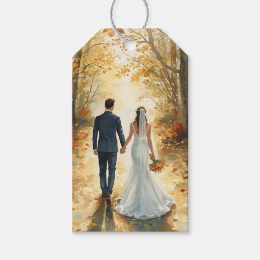 Waterverf bruid & bruidegom geschilderde herfst tr cadeaulabel (Voorkant)