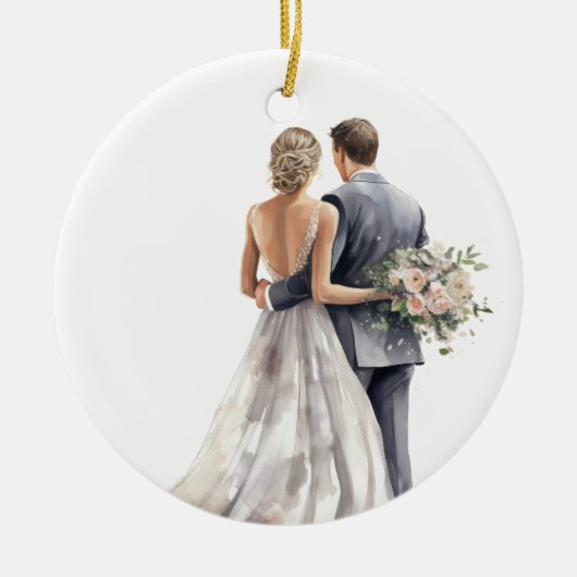 WATERVERF BRUID EN BRUIDEGOM BRUILOFT KERAMISCH ORNAMENT (Voorkant)