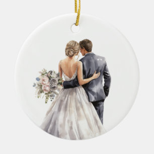 WATERVERF BRUID EN BRUIDEGOM BRUILOFT KERAMISCH ORNAMENT