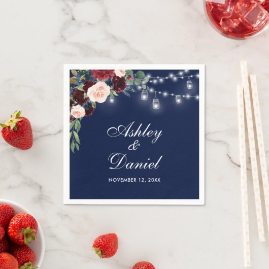 Waterverf Bruidsboeket Burgundy Blauwe Bloem Licht Servet (Insitu)