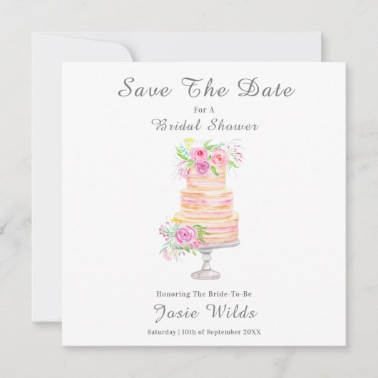 Waterverf Bruidsdouche Lagen Taart Met Rozen Save The Date (Voorkant)