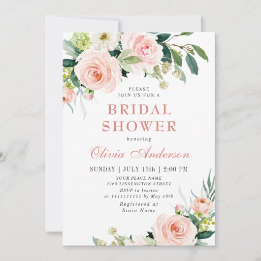 Waterverf bruidsdouche met roze bloemen blozend kaart (Voorkant)