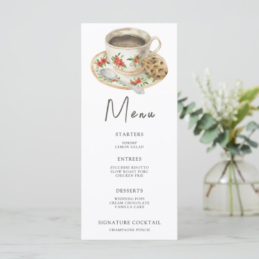 Waterverf bruidsshower menu koffiekopje (Staand voorkant)