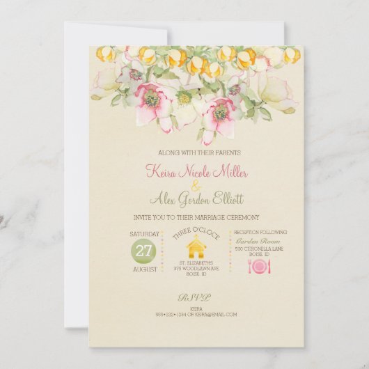 Waterverf bruiloft alles in één roze groen geel kaart (Voorkant)