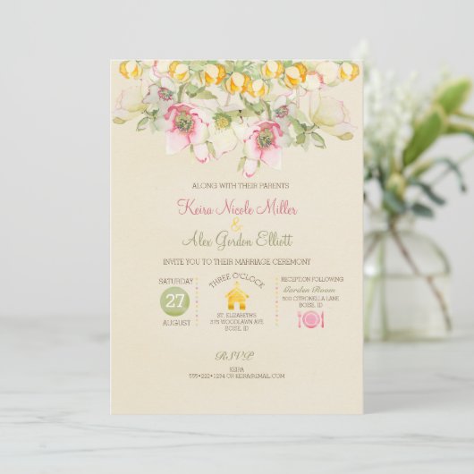 Waterverf bruiloft alles in één roze groen geel kaart (Staand voorkant)