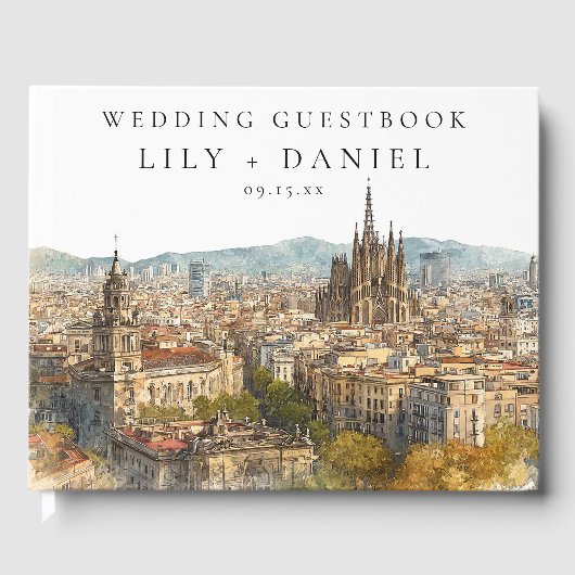 Waterverf Bruiloft Barcelone Skyline Gastenboek (Voorkant)