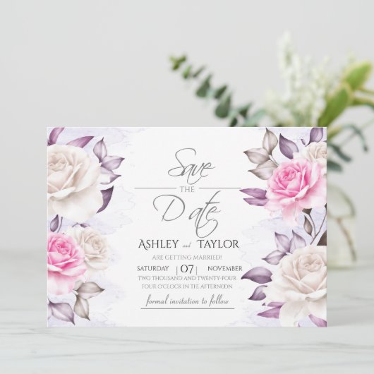 Waterverf Bruiloft Bloem Paars en Roze Save The Date (Staand voorkant)