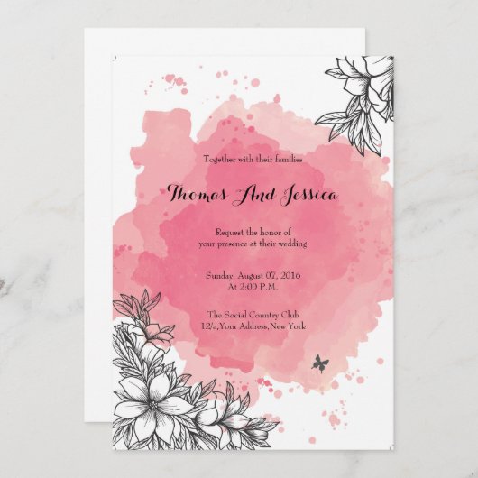 Waterverf Bruiloft feestuitnodiging Kaart (Voorkant / Achterkant)