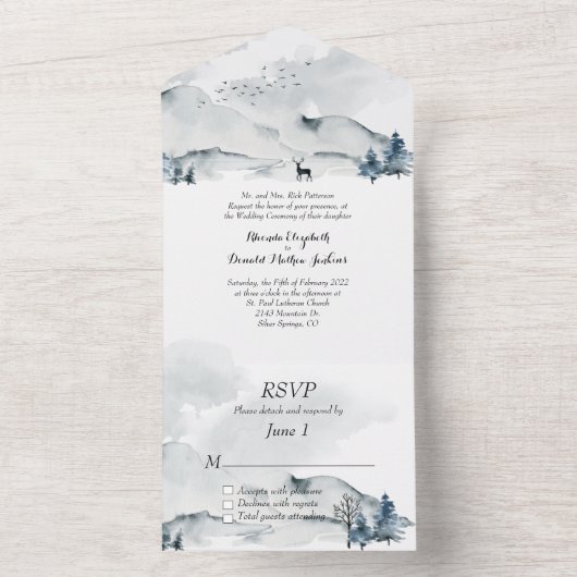 Waterverf bruiloft in Foggy Mountains All In One Uitnodiging (Binnen)