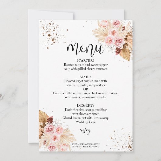 Waterverf bruiloft menu's | Boho Floral Glitter Kaart (Voorkant)