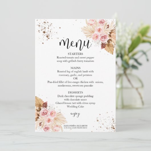 Waterverf bruiloft menu's | Boho Floral Glitter Kaart (Staand voorkant)
